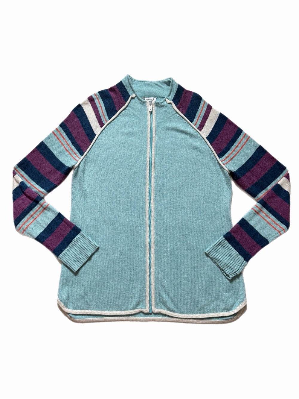 Smartwool Dacono Ski Full Zip Mock Neck Sweater XL Tiffany Blue Purple Striped